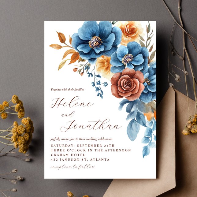 Dusty Blue Orange Terracotta auf dem Monte Tamaro Einladung (Dusty Blue Orange Terracotta Elegant Wedding Invitation)