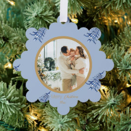 Dusty Blue Pagoda Frohe Weihnachtsbaum 2-Foto Ornament Karte