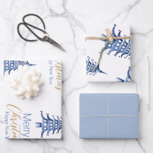 Dusty Blue Pagoda Geschenkpapier Set