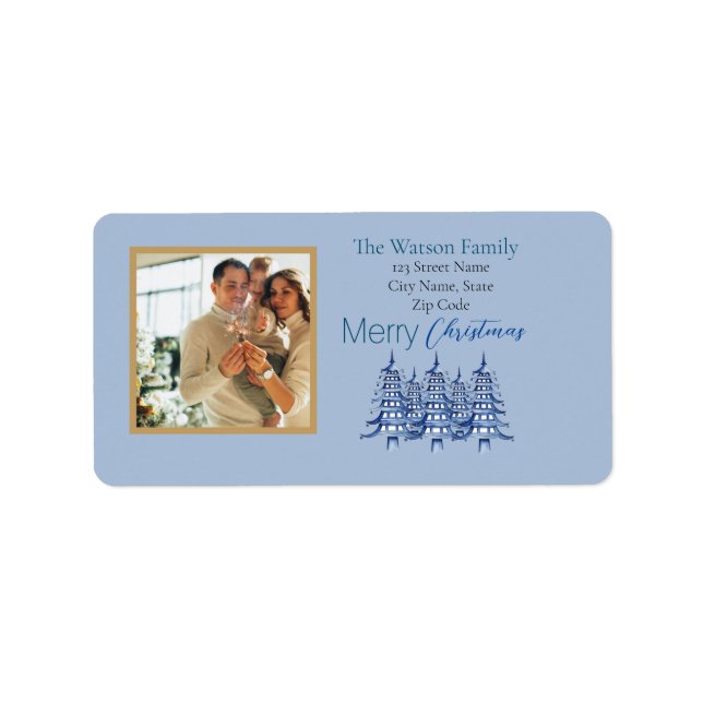 Dusty Blue Pagoda Weihnachtsbaumen 1 Foto Adressaufkleber (Vorne)