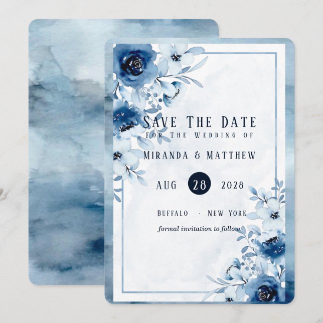 Dusty-Blue Paint Peony Save the Date Card Einladung (Vorne/Hinten)