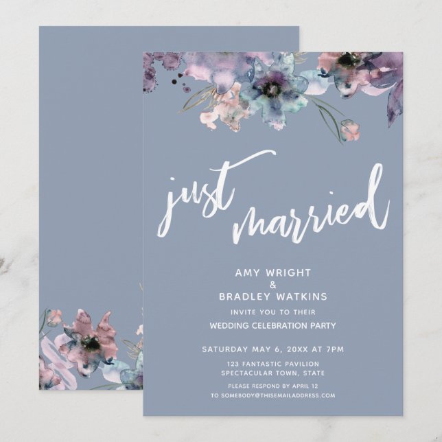 Dusty Blue Painted floral Just Married Empfang Einladung (Vorne/Hinten)