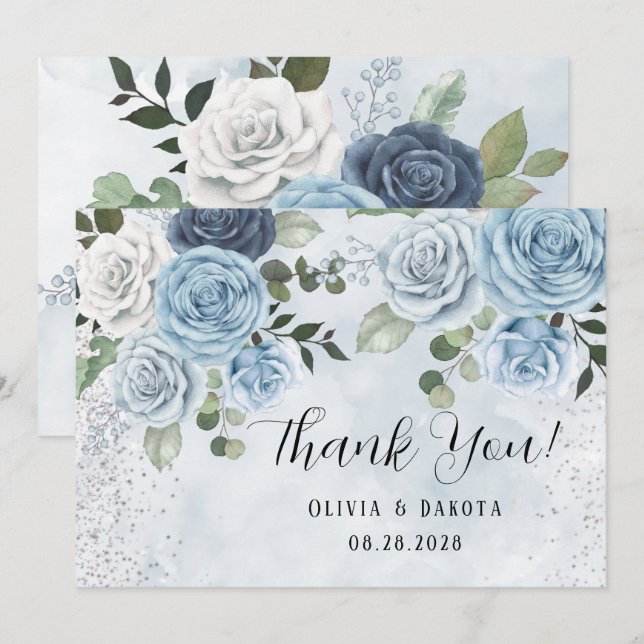 Dusty Blue Painted Floral Wedding Danke Cards Einladung (Vorne/Hinten)