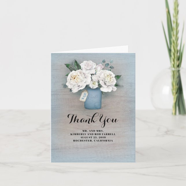 Dusty Blue Painted Mason Jar Wedding Vielen Dank Dankeskarte (Vorderseite)