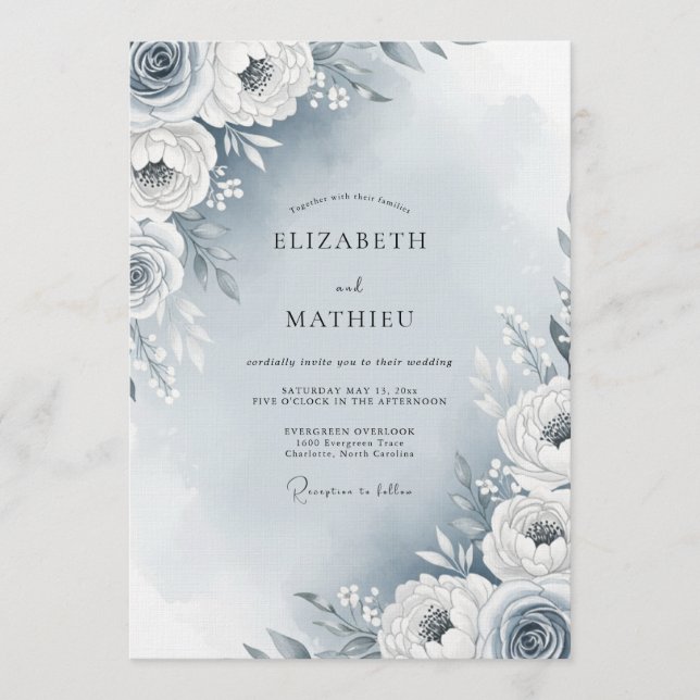 Dusty Blue Painterly Flora Wedding Einladung (Vorderseite)