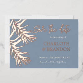 Dusty Blue Palm Blätter Hochzeitssache Datum speic Folieneinladung