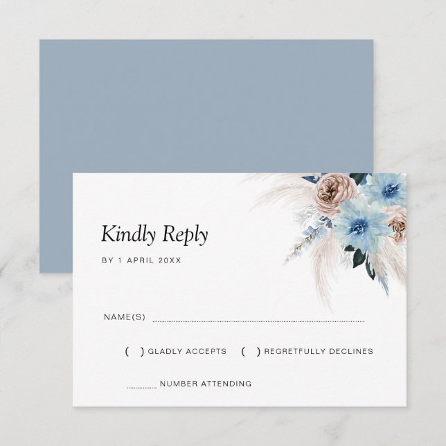 Dusty Blue Pampas floral RSVP card (Vorne/Hinten)