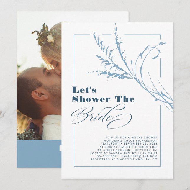 Dusty Blue Pampas Grass Boho Brautparty Foto Einladung (Vorne/Hinten)