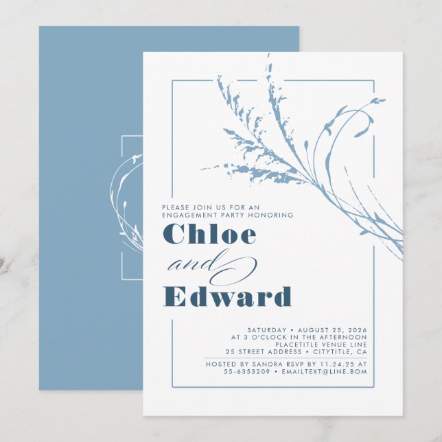 Dusty Blue Pampas Grass Moderne Engagement Party Einladung (Vorne/Hinten)