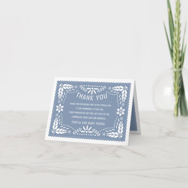 Dusty blue papel picado im mexikanischen Stil Baby Dankeskarte (Vorderseite)