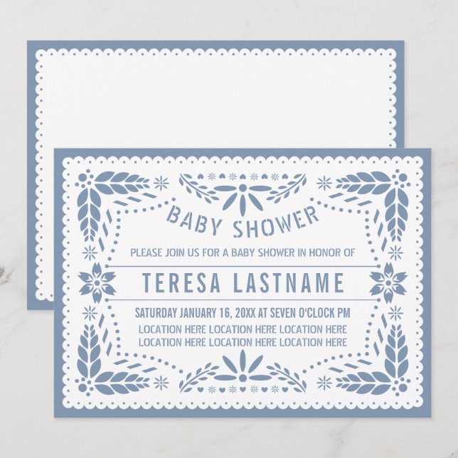 Dusty blue papel picado Mexican baby Boy Dusche Einladung (Vorne/Hinten)