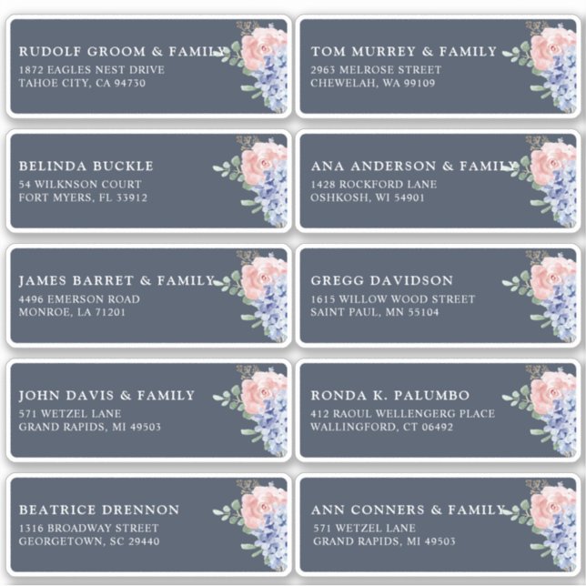 Dusty Blue Pastel hydrangea Gastname Anschrift Aufkleber (Vorderseite)