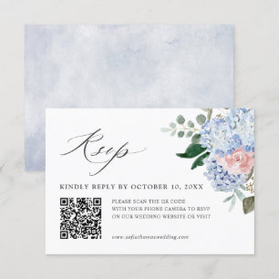 Dusty Blue Pastel Pink Hydrangea Floral Wedding QR RSVP Karte