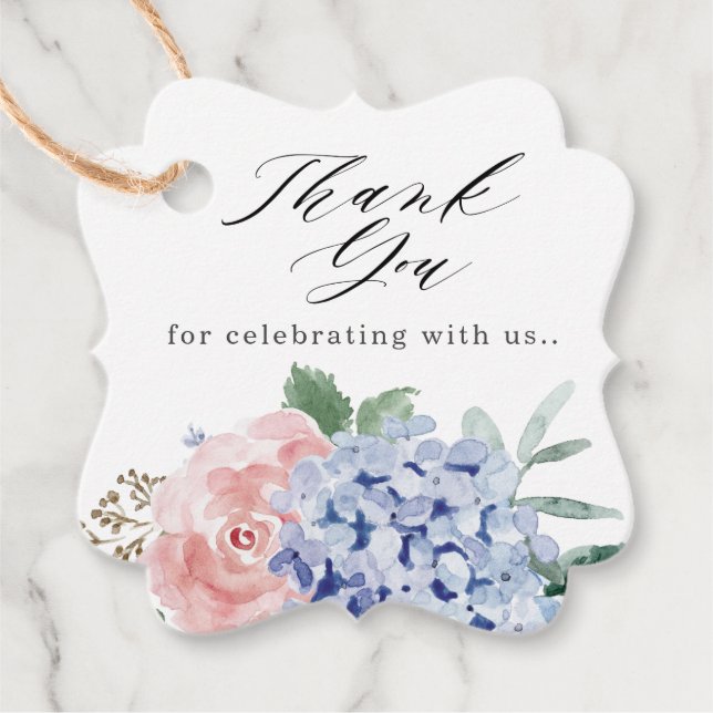 Dusty Blue Pastel Pink Hydrangea Wedding Vielen Da Geschenkanhänger (Vorderseite)