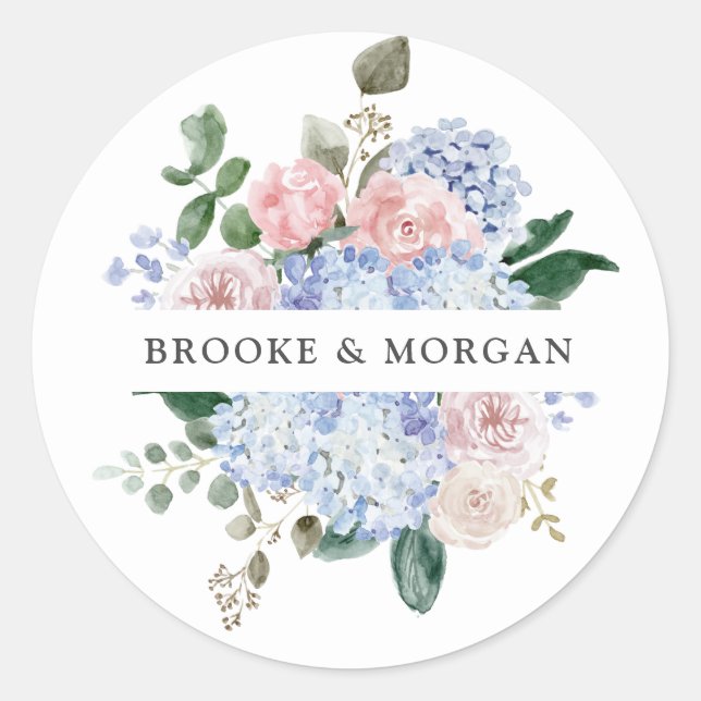 Dusty Blue Pastel Pink Hydrangea Wedding Vielen Da Runder Aufkleber (Vorderseite)
