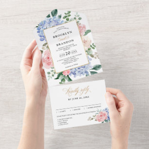 Dusty Blue Pastel Pink Hydrangeas Blumenzehen All In One Einladung