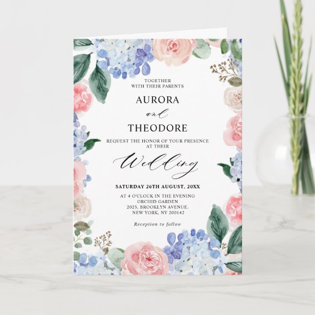 Dusty Blue Pastel Pink Hydrangeas Gedeckte Hochzei Einladung (Vorderseite)