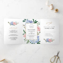 Dusty Blue Pastel Pink Hydrangeas Hochzeit Dreifach Gefaltete Ankündigung