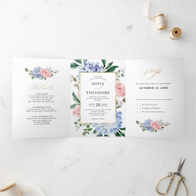 Dusty Blue Pastel Pink Hydrangeas Hochzeit Dreifach Gefaltete Ankündigung (Innenseite)