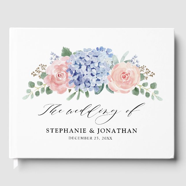 Dusty Blue Pastel Pink Hydrangeas Hochzeit Gästebuch (Vorderseite)