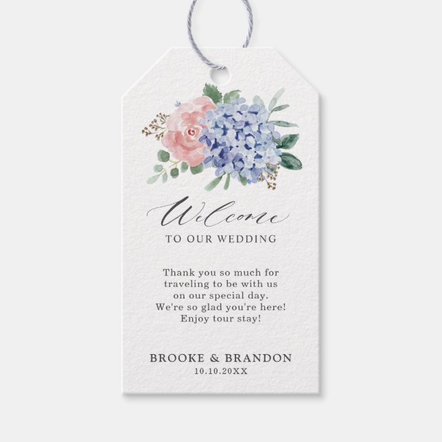 Dusty Blue Pastel Pink Hydrangeas Hochzeit Geschenkanhänger (Vorderseite)
