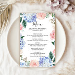 Dusty Blue Pastel Pink Hydrangeas Wedding Menu<br><div class="desc">Modernes Hochzeitsmenü mit hellblauen/staubblauen Hydrangeas in pastellrosa, rot, pfirsichfarben, weißer Rose, Peonies, Salbei Eukalyptus-Blätter, Ästen und Blattwerk. Sanfte und verträumte romantische Farbtöne Frühjahr Wasserfarben Blumen Designs zu Ihrem Thema Hochzeit. Weitere passende Designs und Variationen finden Sie in meinem "Blitzweddingpaperie" Shop. Und zögern Sie nicht, mich für weitere Anpassungen oder Match-Artikel...</div>