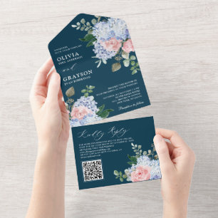Dusty Blue Pastel Pink Hydrangeas Wedding QR Code All In One Einladung