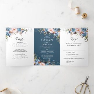 Dusty Blue Peach Blush Boho Hochzeit Einladung