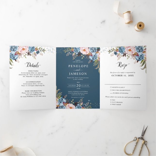 Dusty Blue Peach Blush Boho Hochzeit Einladung (Innenseite)