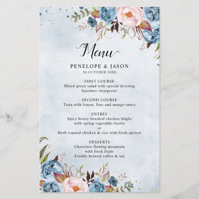 Dusty Blue Peach Blush Botanical Boho Wedding Menü (Vorderseite)