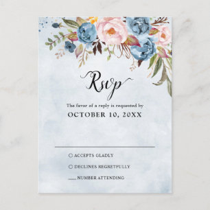 Dusty Blue Peach Blush Botanical Boho Wedding RSVP Postkarte