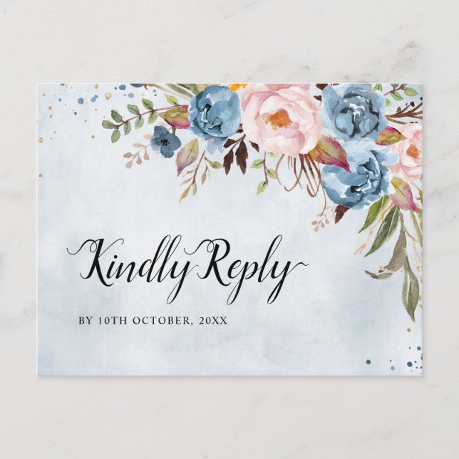 Dusty Blue Peach Blush Botanical Boho Wedding RSVP Postkarte (Vorderseite)