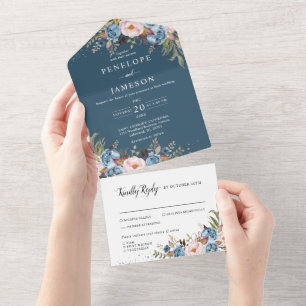 Dusty Blue Peach Blush Botanische Flora Wedding Al All In One Einladung