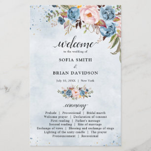 Dusty Blue Peach Blush programme de mariage botani