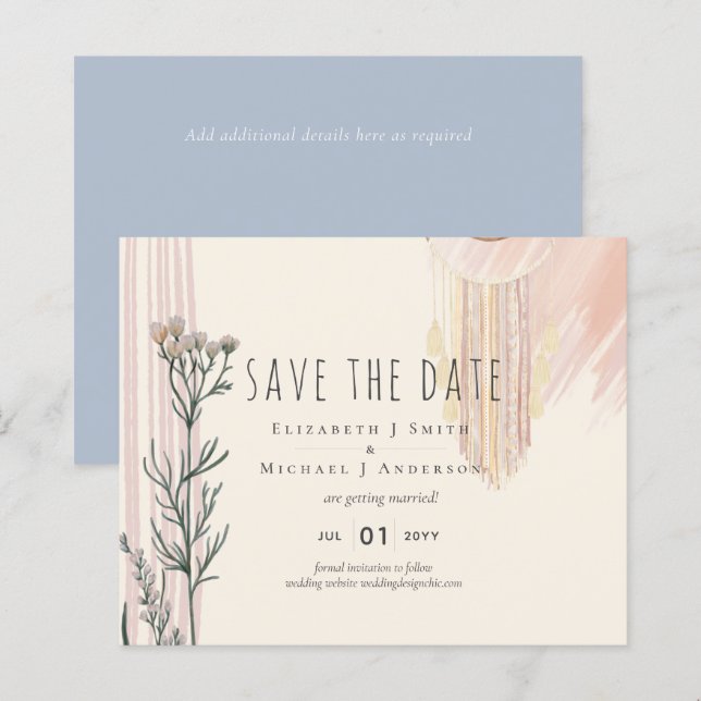 Dusty Blue Peach BOHO Wedding Save the Dates (Vorne/Hinten)