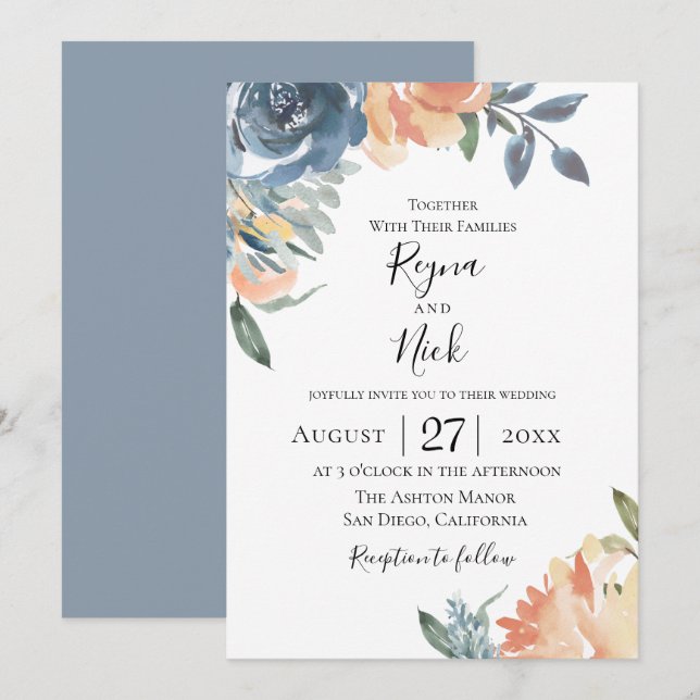 Dusty Blue Peach Botanical Wedding Einladung (Vorne/Hinten)
