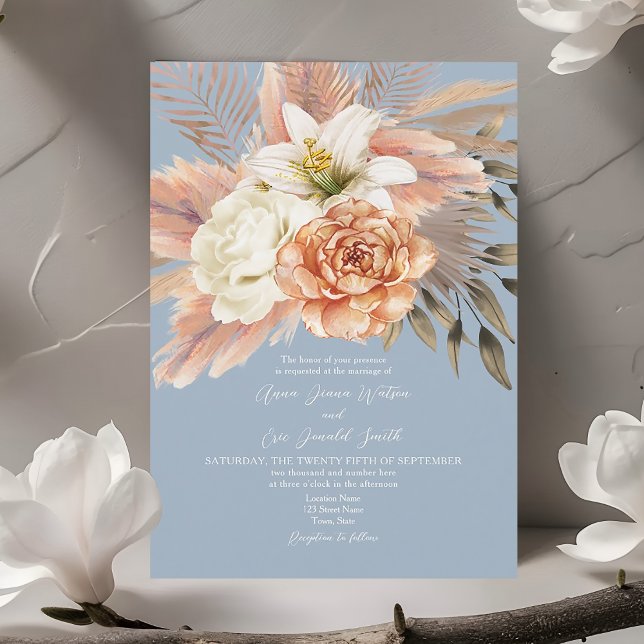 Dusty Blue Peach Floral Elegante Hochzeit Einladun Einladung (Von Creator hochgeladen)