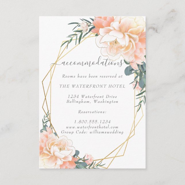 Dusty Blue Peach Floral Gold Hochzeitsunterkunft Begleitkarte (Vorderseite)
