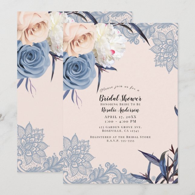 Dusty Blue & Peach Floral Lace Brautparty Einladung (Vorne/Hinten)