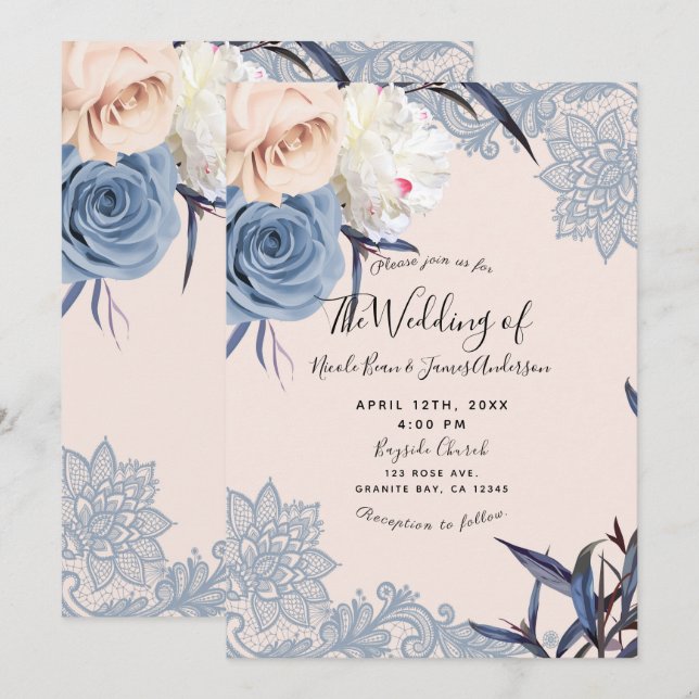 Dusty Blue & Peach Floral Lace Wedding Einladung (Vorne/Hinten)