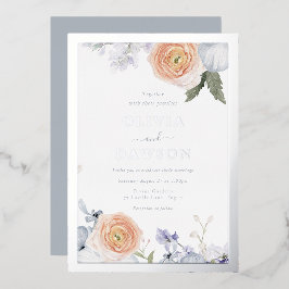 Dusty Blue & Peach Floral Silver Foil Wedding Folieneinladung