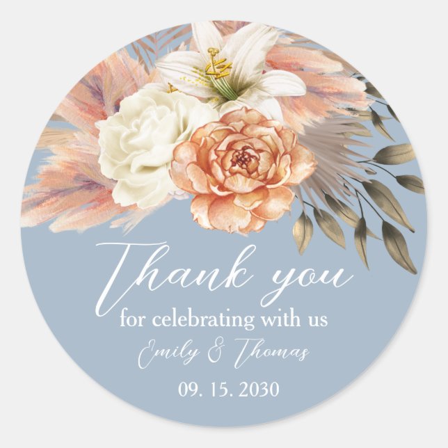 Dusty Blue Peach Floral Vielen Dank Runder Aufkleber (Vorderseite)