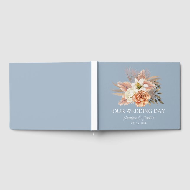 Dusty Blue Peach Floral Wedding Gästebuch (Voll)