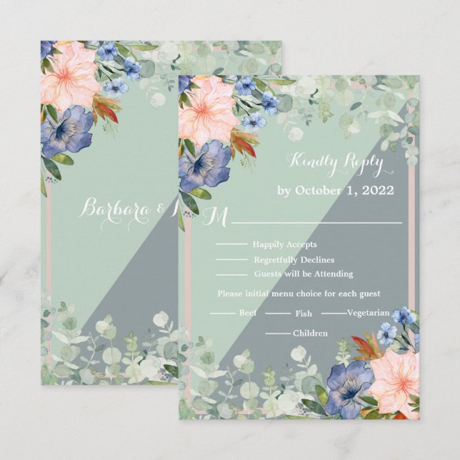 Dusty Blue Peach Green Wedding RSVP Karte (Vorne/Hinten)