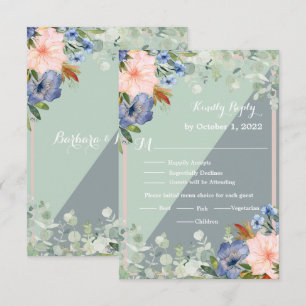 Dusty Blue Peach Green Wedding RSVP Karte