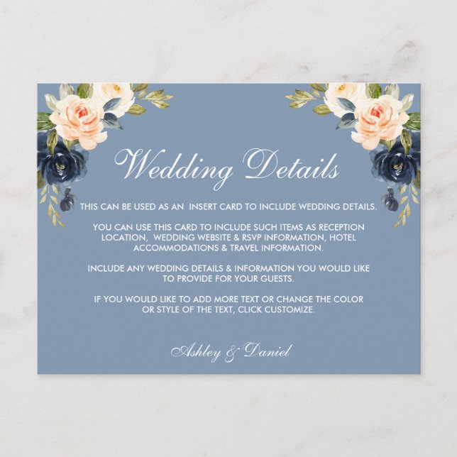 Dusty Blue Peach Wedding Details Beilage Karte (Vorderseite)