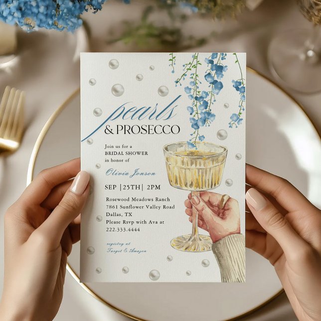 Dusty Blue Pearls & Prosecco Brunch Brautparty Einladung (Von Creator hochgeladen)