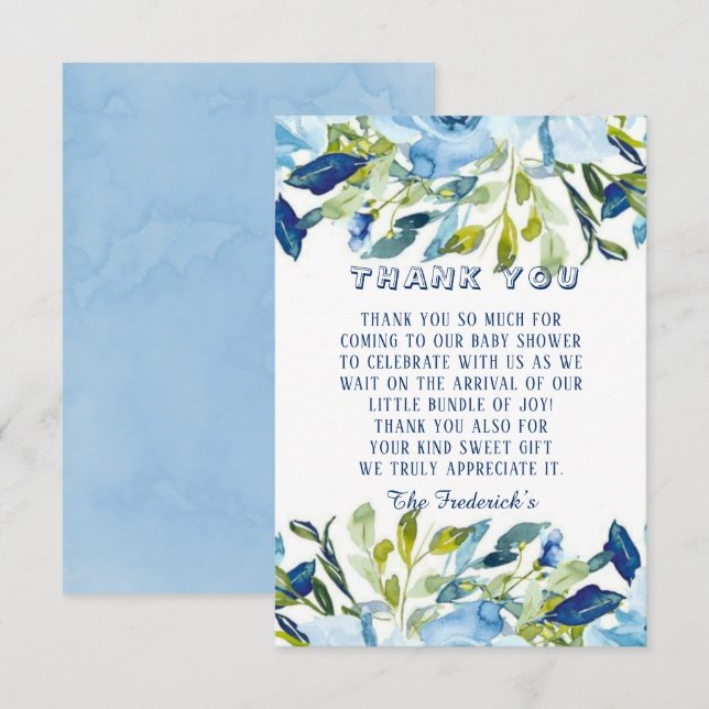 Dusty Blue Peonies Boy Baby Shower Dankeskarte (Vorne/Hinten)