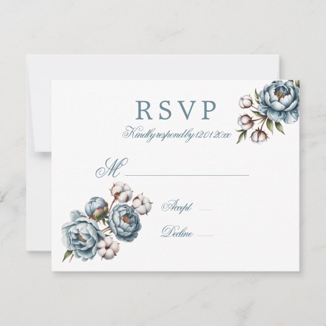 Dusty Blue Peony and Cotton Wedding RSVP Karte (Vorderseite)