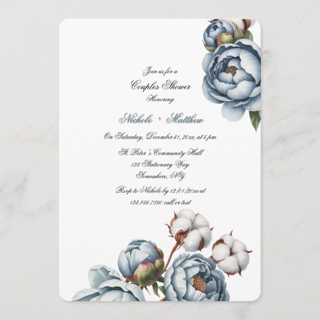 Dusty Blue Peony and Cotton Wedding Shower Einladung (Vorderseite)